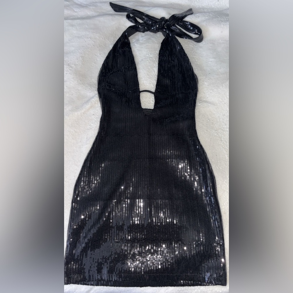 Black Sequin Halter Dress